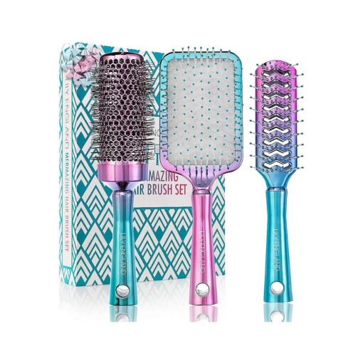 Hair Brush Set - Professional Round, Vent and Paddle Hairbrush for All Hair Types, Mermaid/Ombre by Lily England