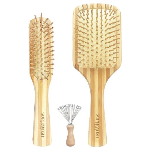 Hair Brush Set for Women & Men, Natural Bamboo Bristles Wet Dry Flat Paddle Detangling Bamboo Brushes Fit All Types Hair, Brush Cleaner Tool included - 3 Pack