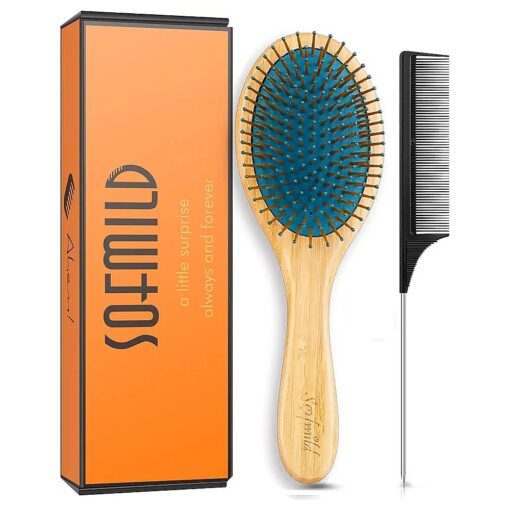 Sofmild Bamboo Wooden Paddle Hair Brush Comb Set, Hairbrushes for Women Men Kid Detangling Hair Massaging Scalp with Round Tip Bristles for All Hairstyles ( Blue Wooden )