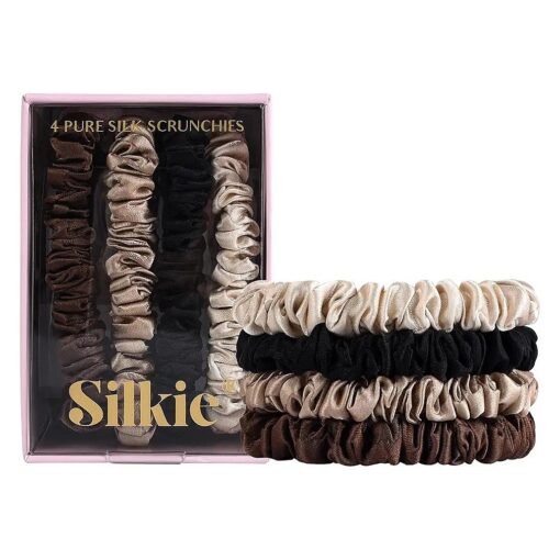 SILKIE x4 Set - Forget Satin - 100 % Pure Mulberry Silk Black Brown Skinny Scrunchies Travel Pouch Everyday Hair Ties Elastics Hair Care Ponytail Holder No Damage ( Chocolate )