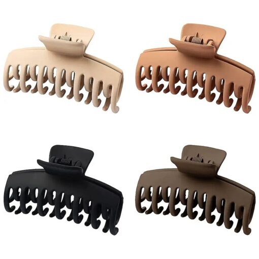 Hair Claw Clips for Women Thin Hair, Large Hair Clips for Thick Hair Non Slip, 3.5 Inch Double Row Hair Clips, 4 Pack Matte Claw Clips ( Black+Brown+Beige+Coffee )