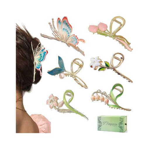 6Pcs Hair Claw Clips for Women, Large Non-Slip Strong Metal Butterfly Flower Mermaid Hair Clips Sparkly Hold Hair Jaw Clips Cute Hair Claws for Thick Hair