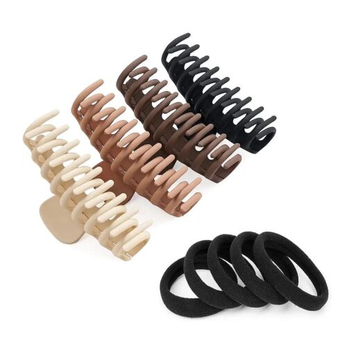 Korean Matte Large Claw Hair Clips for Women, All Hair Types, Non-Slip Grip, Big Jaw and Strong Hold 4 Pack with Bonus Pack of 4 Hair Ties ( Beige, Khaki, Coffee, Black )