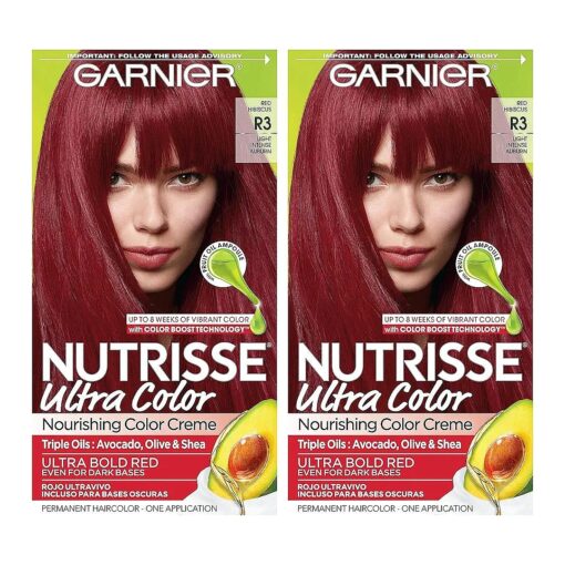 Garnier Hair Color Nutrisse Ultra Color Nourishing Creme, R3 Light Intense Auburn ( Red Hibiscus ) Permanent Hair Dye, 2 Count ( Packaging May Vary )