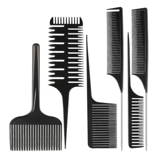 6 Pieces Hair Combs Set, 3-Way Hair Sectioning Comb Hair Dyeing Comb Rat Tail Lifting Comb Weaving Foiling Hair Comb Sectioning Foiling Comb for Hair Coloring, Black