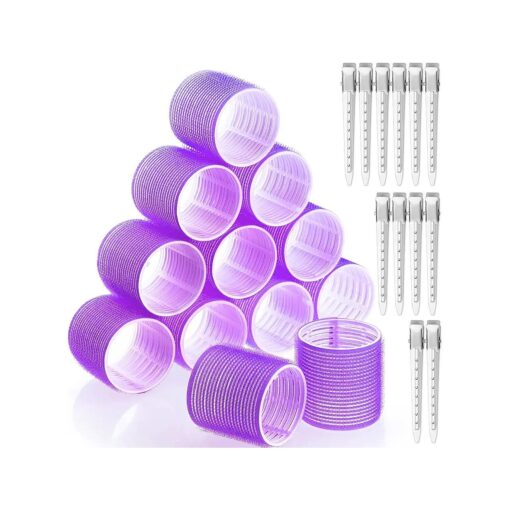 Jumbo Hair Curlers Rollers, 12Pcs Hair Roller Curlers Self Grip Holding Rollers with12 Stainless Steel Duckbill Clips for Long Hair Volume ( Purple )