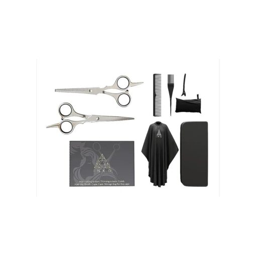 INKO Professional Hair Scissors - ( 8-in1-Set ) - Hair Cutting Scissors & Hair Thinning Shears - incl, Comb, Brush, Cape, Hair Clip, Case & Storage Bag