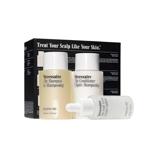 Necessaire The Hair Essentials, 3 Piece Travel Set, The Shampoo + The Conditioner With Hyaluronic Acid + The Scalp Serum With 5 % Capixyl ( tm ), For Thicker, Fuller, Healthier Hair, Fragrance-Free, Vegan .