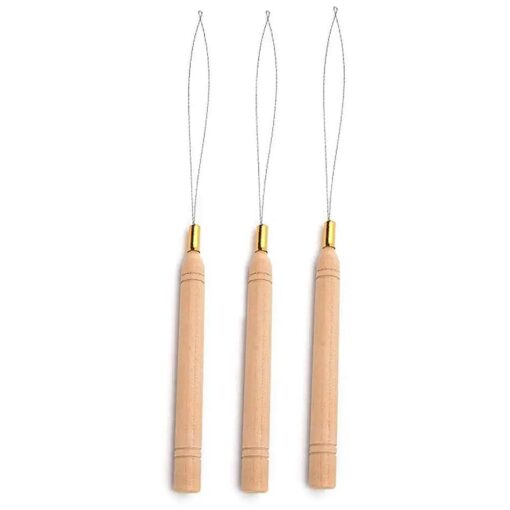 3pcs Hair Extension Loop Needle Threader Pulling Hook Tool and Bead Device Tool for Hair or Feather Extensions - Wooden and Stainless Steel