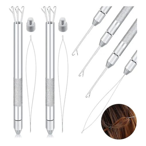 2 Sets 4-in-1 Hair Extension Tools, Includes Loop Needle Threader, Knitting Needles and Holder for Beads Dreadlock Wig Hair Extensions Lace Wig Making, Loop Tools and Hooks