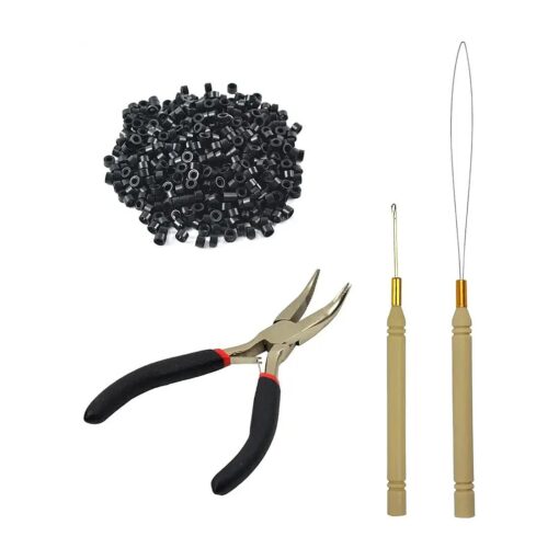 Hair Extensions Tool Kit Black Hair Pliers Pulling Hook Bead Device Tool Kits and 500 Pcs 5 mm Micro Links Rings Beads ( Black )