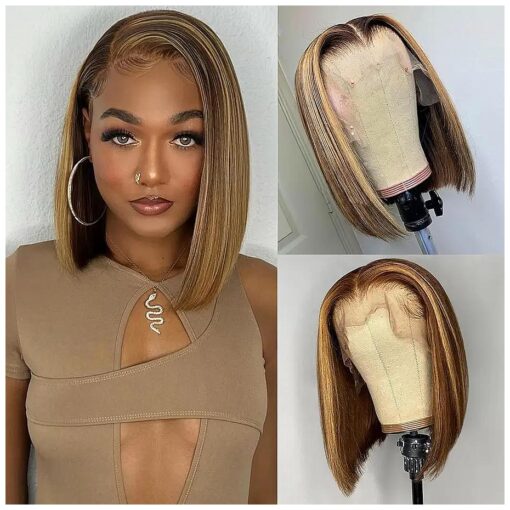 Highlight Ombre Bob Wig Human Hair 13x4 Lace Front Wigs Human Hair 4/27 Highlight Honey Blonde Lace Front Wigs Human Hair Pre Plucked Hairline 150 % Density Bob Wigs for Black Women 10inch