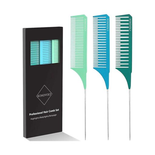 Hair Highlighting Comb Set 3 Size Nylon Professional Weaving Styling Dyeing Combs With Stainless Steel Pin Tail Teasing Heat Resistant For Home Barbershop Hair Salon ( 3pcs Blue )