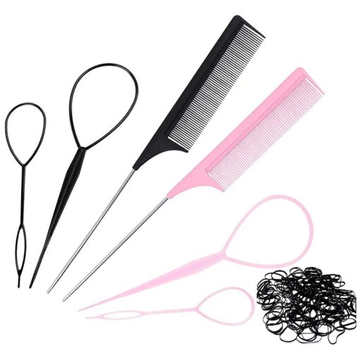 Hair Tail Tools, 6 Pcs Topsy Hair Loop Styling Set, 4 Pcs French Braid Tool Loop, 2 Pcs Tail Braiding Combs, 50 Black Rubber Bands