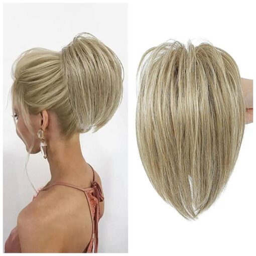 Messy Bun Hair Piece Claw Clip in Hair Buns Hair Piece for Women Straight Short High Ponytail Extension Tousled Updo Faux Hair Bun Scrunchies for Girls ( Champagne Golden Mix Blonde )