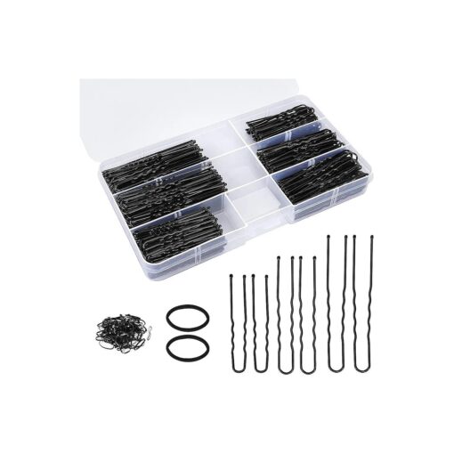 300Pcs U Shaped Hair Pins, 2.8IN 100Pcs, 2.4IN 100Pcs, 2IN 100Pcs Bobby Bun Pins for Women Kids Girls, with Storage Box 2Pcs Thick Seamless Hair Ties 50Pcs Elastic Hair Bands, for All Hair Types Black