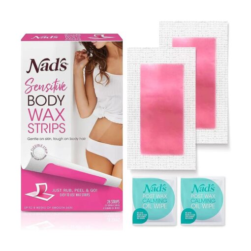 Nad 's Body Wax Strips for Sensitive Skin, Hair Removal for Sensitive Skin, Hypoallergenic, Includes 28 Waxing Strips & 2 Post Wax Calming Oil Wipes