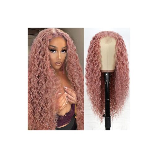 Halcyon Long Curly Wig for Black Women 26inch Synthetic Curly Wig Middle Part Wigs Hair Replacement Wigs ( 26inch, Pink )