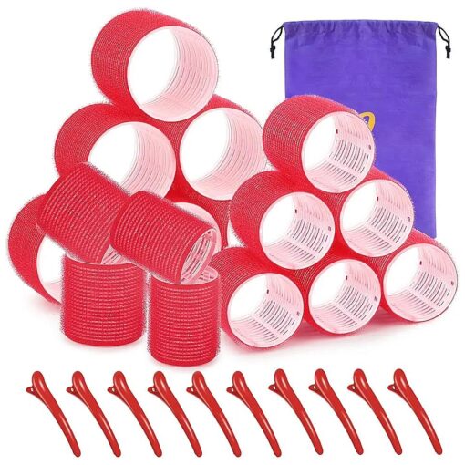 Self grip hair roller set, Hair roller set 16 pcs, Hair rollers with hair roller clips and comb, Salon hairdressing curlers, DIY Hair Styles, Sungenol 2 Sizes red Hair Rollers in 1 set