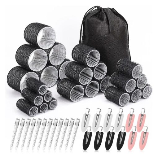 Rollers Hair Curlers 48 Pcs Set with 24Pcs Hair Rollers 4 Sizes ( 6 Jumbo Rollers/6 Large Rollers/6 Medium Rollers/6 Small Rollers ) and 24 Pcs Hair Clips for Long Medium Short Hair ( Black )