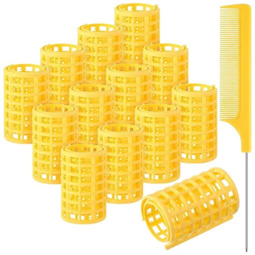 12 Pieces Hair Roller, Large Size Plastic Hair Rollers Hair Curlers with Steel Pintail Comb Rat Tail Comb for Short Hair Long Hair Hairdressing Styling Tools ( Yellow,6.8 x 3.6 cm )