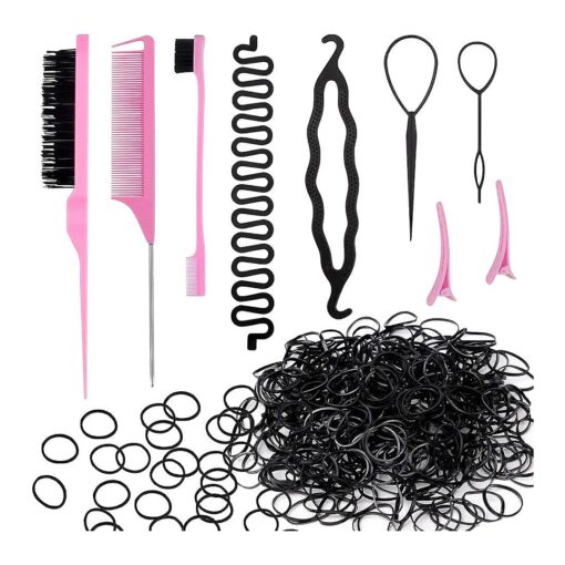 Juome 1011Pcs Hair Styling Tools, 2Pcs Topsy Tail Hair Tool, 1000pcs Black Rubber Bands for Hair, 7Pcs Hair Braiding Tools Accessories for Kids Girls Women