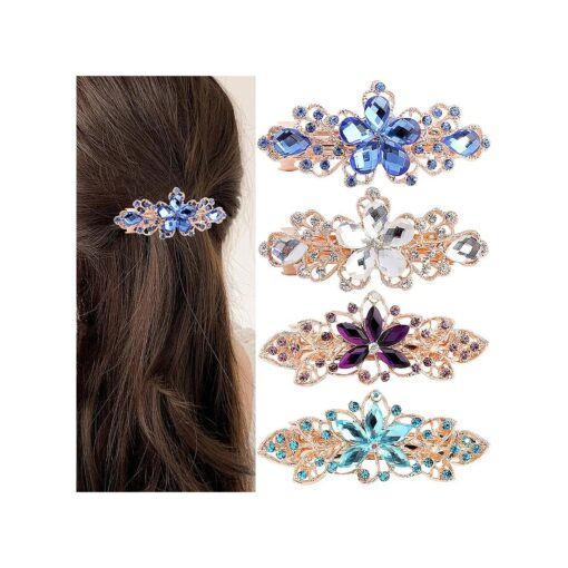 Hair Barrettes for Women, WHAVEL 4Pcs Flower Hair Clips Crystal Rhinestones Hair Barrettes Luxury Jewelry French Hair Clips Large Hair Barrettes for Women Girls Hair Styling Accessories ( Style 2 )