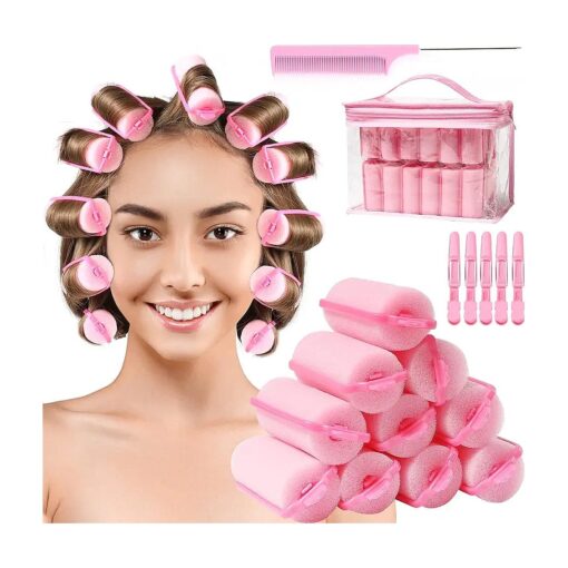 Sponge Hair Rollers, Foam Hair Roller Sleeping Hair Curlers Flexible Hair Styling Curlers Sponge Curlers with Tail Comb & HairClips for Hairdressing Styling ( 60Pieces, Pink )