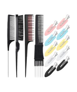 14 Pieces Hair Styling Comb Set Rattail Comb Pintail Comb Triple Teasing Comb Hair Combs Kit with 10 Pieces Duckbill Hair Clips for Hair Stylist Women Girls