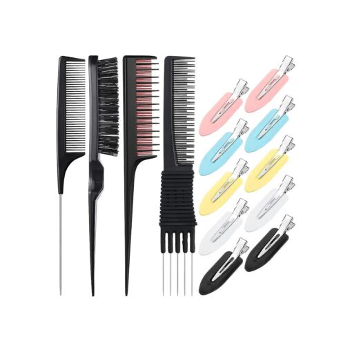 14 Pieces Hair Styling Comb Set Rattail Comb Pintail Comb Triple Teasing Comb Hair Combs Kit with 10 Pieces Duckbill Hair Clips for Hair Stylist Women Girls