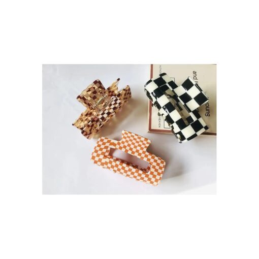 Checkered Hair Claw Clips for Women Girls Fashion Hair Clips for Styling Claw Clamps Thick Hair Retro Rectangle Shape, YOEMAYUNER ( 3PCs 3Colors a )