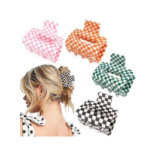 Ahoney 4 Pack Checkered Hair Claw Clips for Thin Hair 2" Y2k Accessories Cute Small Hair Clips for Thick Hair for Women Girls