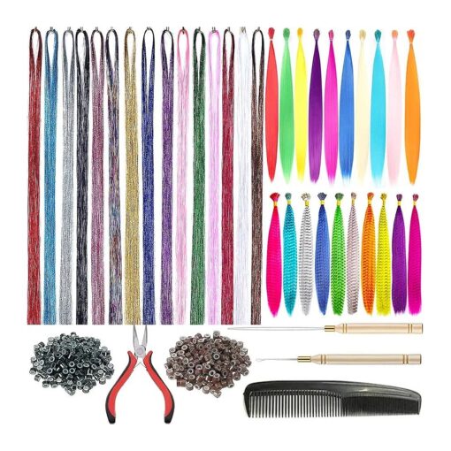 15 Colors Hair Tinsel with Tools Kit 43 Inch 3000 Strands Sparkling Shiny Tinsel Hair Extensions with 10Pcs Synthetic Feather Hair 10 Pcs Rainbow Hair 100 Pcs Hair Beads 1 Pliers 2 Crochet Hooks 1Comb