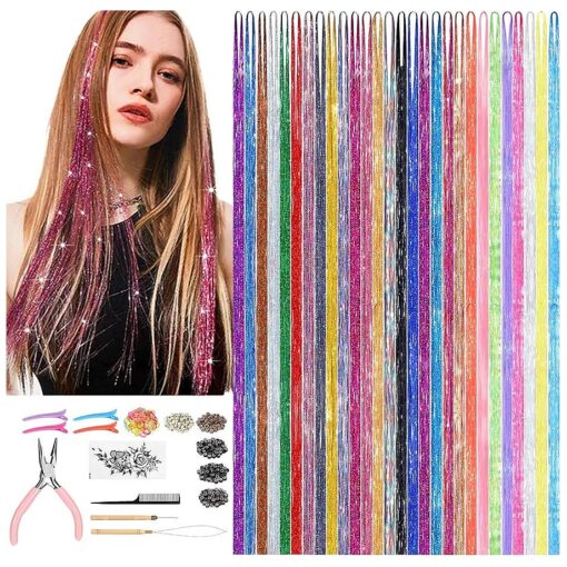 Hair Tinsel Kit ( 48 Inch,28 Colors,7000 strands ), Glitter Tinsel Hair Extensions with Tools, Fairy Hair Tinsel Kit Heat Resistant for Girls Women Hair Accessories