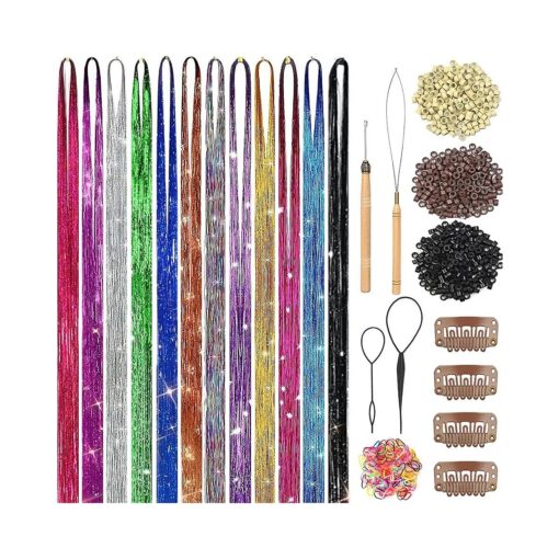 Hair Tinsel Kit ( 48 Inch,12 Colors, 3600 strands ), Fairy Tinsel Hair Extensions with Tools - Glitter Hair Tinsel Kit Heat Resistant Accessories for Girls Women Kids Christmas New Year