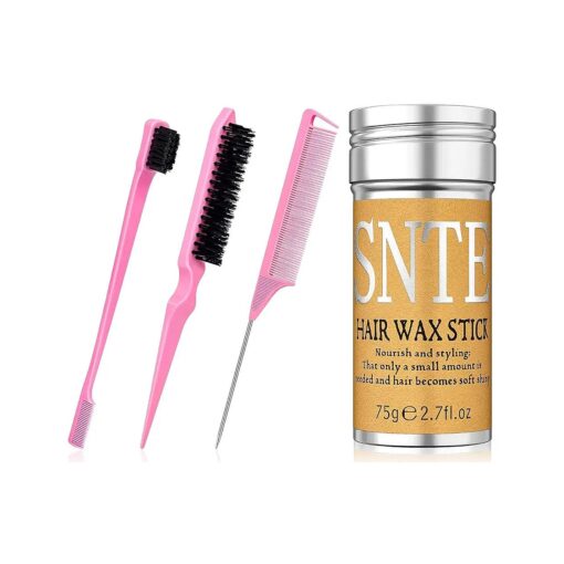 Hair Wax Stick, Edges Brush, Rat Tail Comb, Bristle Brush Set 4Pcs, Wax Stick for Hair & Wig Flyaways, Slick Back Hair Brush for Smooth Hair & Baby Hair Edge Control & Tame Frizz