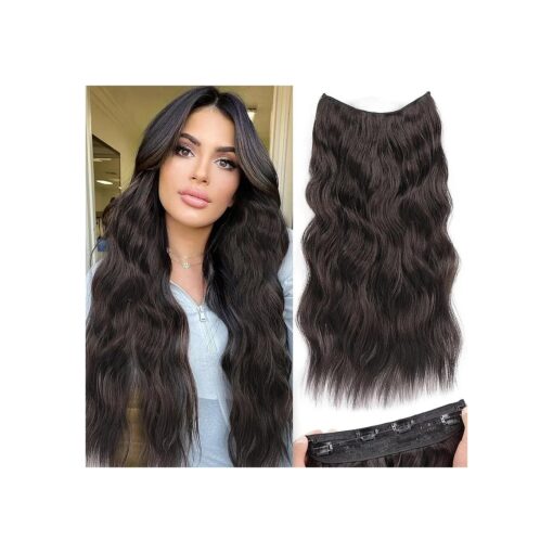 Halo Hair Extensions Invisible Wire Hair Extensions with Transparent Wire Adjustable Size 4 Secure Clips 20 Inch Long Wavy Secret Hairpiece ( Dark Brown )