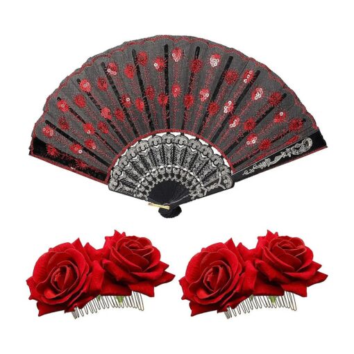 2 Pieces Women Rose Flower Hair Clip and Embroidered Sequins Fabric Handheld Folding Fan Hair Accessories for Flamenco Dancer Costume Accessories Girl Halloween Cosplay Party