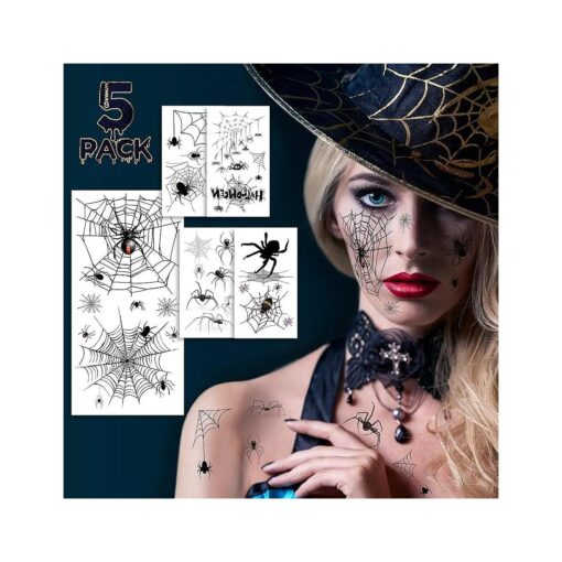 Halloween Face Tattoos, Spider Temporary Tattoos, Halloween Temporary Sticker Costume Makeup Tattoos Kit, 5 Sheets Realistic Fake Spider Face Decal Fall Temporary Tattoo for Face Body Men Women