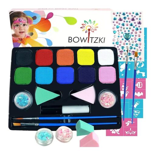 Bowitzki Body Face Paint Kit With 10 Colors,32 Stencils,2 Brushes,2 Chunky Glitters,2 Sponges,1 Glue, Water Based Easy To Remove Face Painting For Kids, Safe Professional Halloween Party Makeup Set