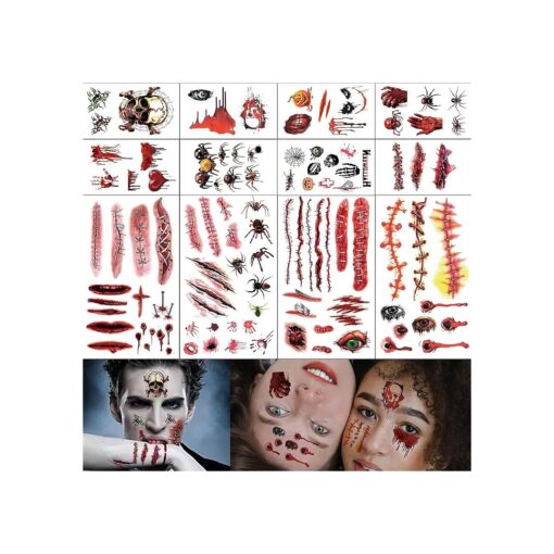 Halloween Zombie Makeup, 12 Sheets Halloween Fake Scars Bloody Wound Temporary Tattoos, Halloween Party Cosplay Vampire Makeup Tattoos for Women Men Kids