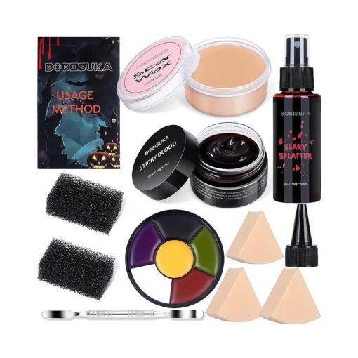 BOBISUKA Demonic Special Effects SFX Halloween Makeup Kit - 5 Colors Bruise Makeup Face Body Painting Palette + Scar Wax with Spatula Tool + Fake Blood Splatter Spray + Fake Blood Cream +Stipple Spong