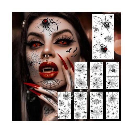 COKTAK 8 Sheets Large 3D Spider Web Temporary Tattoos Halloween Makeup Kit For Women Adults Realistic Witch Bat Zombie Fake Face Tattoos Sticker For Kids Men Adults Scary Halloween Decals Spiderweb