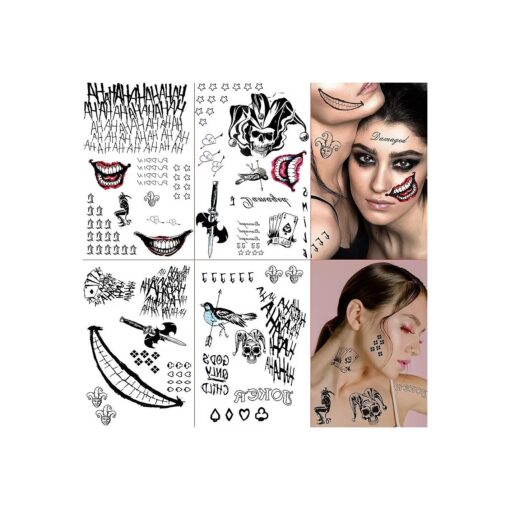 Halloween Temporary Tattoos, 4 Sheets Joker Tattoos Fake Temporary Tattoos Sticker for Men & Women, Perfect for Halloween, Cosplay, Costumes and Party Accessories