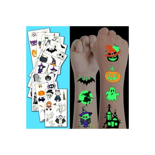 Halloween Temporary Tattoos for Kids, Glow in Dark Tattoos Stickers with Pumpkin Skull Ghost Monster for Halloween Party Favors Decoration