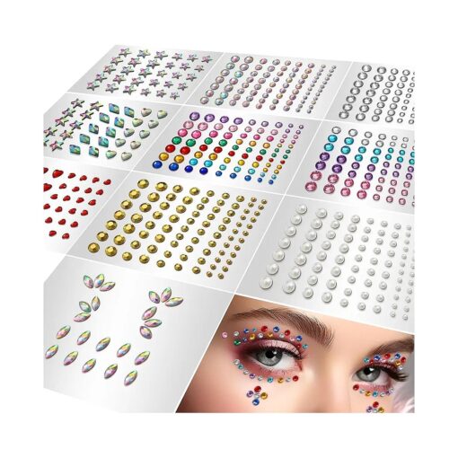 Halloween 10 Sheets Eye Body Face Gems Rhinestone Stickers Self Adhesive Rhinestones Rainbow Face Gems for Women Festival Accessory and Nail Art Decorations Bling