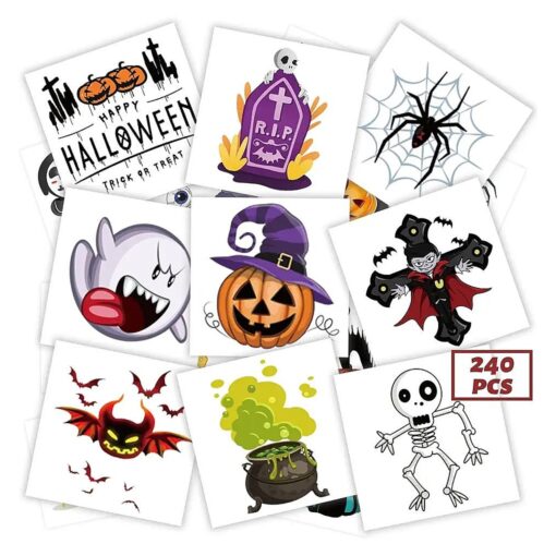 240 PCS Halloween Temporary Tattoos for Kids, Safety Waterproof Bulk Tattoos Stickers, Halloween Prizes Assorted Gifts, Best Choice for Halloween Party Favors, 60 Different Designs Pumpkin Witch Skull