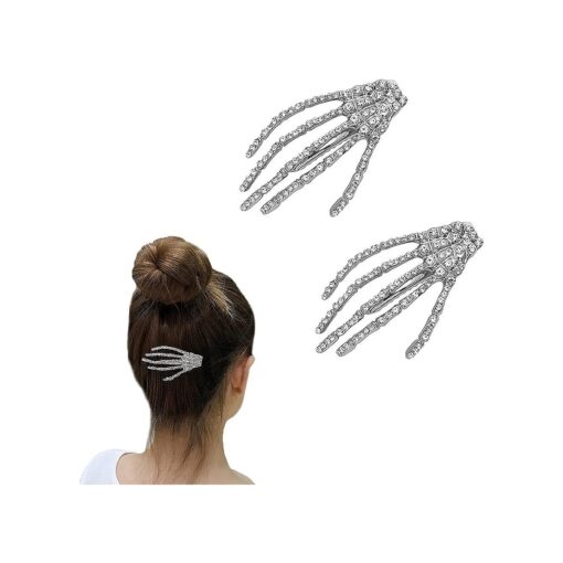 Hair Barrettes Halloween Hair Accessories for Women Girls Silver Skeleton Hand Hair Clips Punk Horror Bone Hair Clip Barrettes for Party Cosplay 2pcs