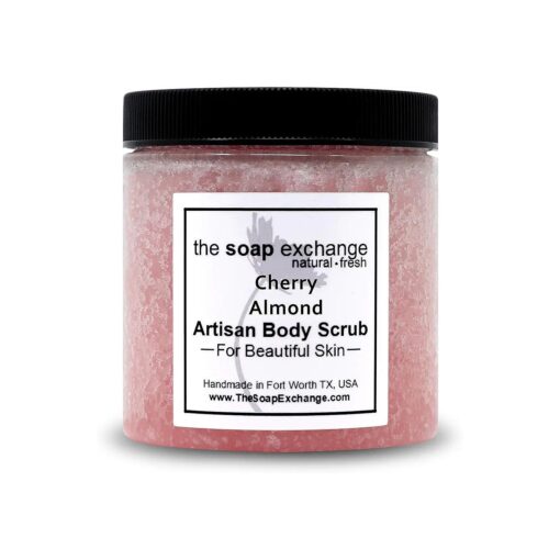 Sugar Body Scrub - Cherry Almond Scent - Hand Crafted 8 fl oz / 240 ml Natural Artisan Skin Care, Shea Butter, Exfoliate, Moisturize, & Protect, Made in the USA .