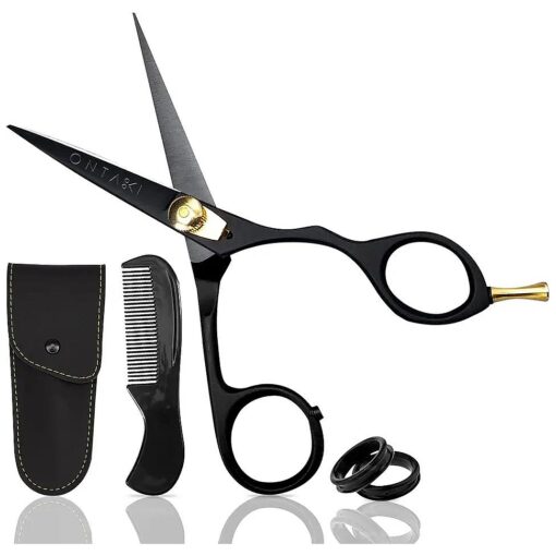 5.5" Japanese Steel Beard Scissors & Mustache Scissors - Ergonomic Bent Handles Design Beard Scissors for Men wd 1 Comb & Carrying Pouch Hand Forged Facial Hair ( Ergonomic Black ( Right Hand )